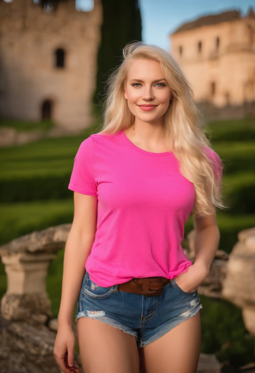 Pale blonde, ((19 years old)), pale yellow hair, big green eyes, enormous natural breasts, narrow hips, sexy, ((hot pink T-shirt)), cleavage, bare midriff, ((cutoff shorts)), smiling, fun, playful, ((cowboy shot)), ((bright sunshine)), standing near a crumbling German castle wall (((masterpiece, highly detailed, best quality, depth of field)))