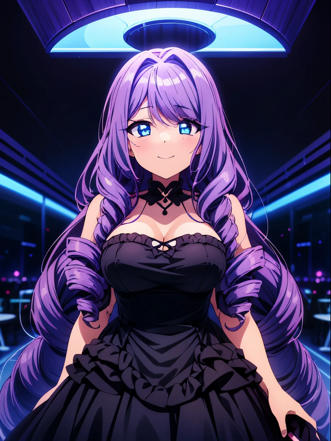 A portrait of a mature woman with very long purple wavy hair and drill curls, side-swept bangs, blue eyes, ligh tanned skin, confident smile, wearing a black party dress, inside of a nightclub in the city, nighttime