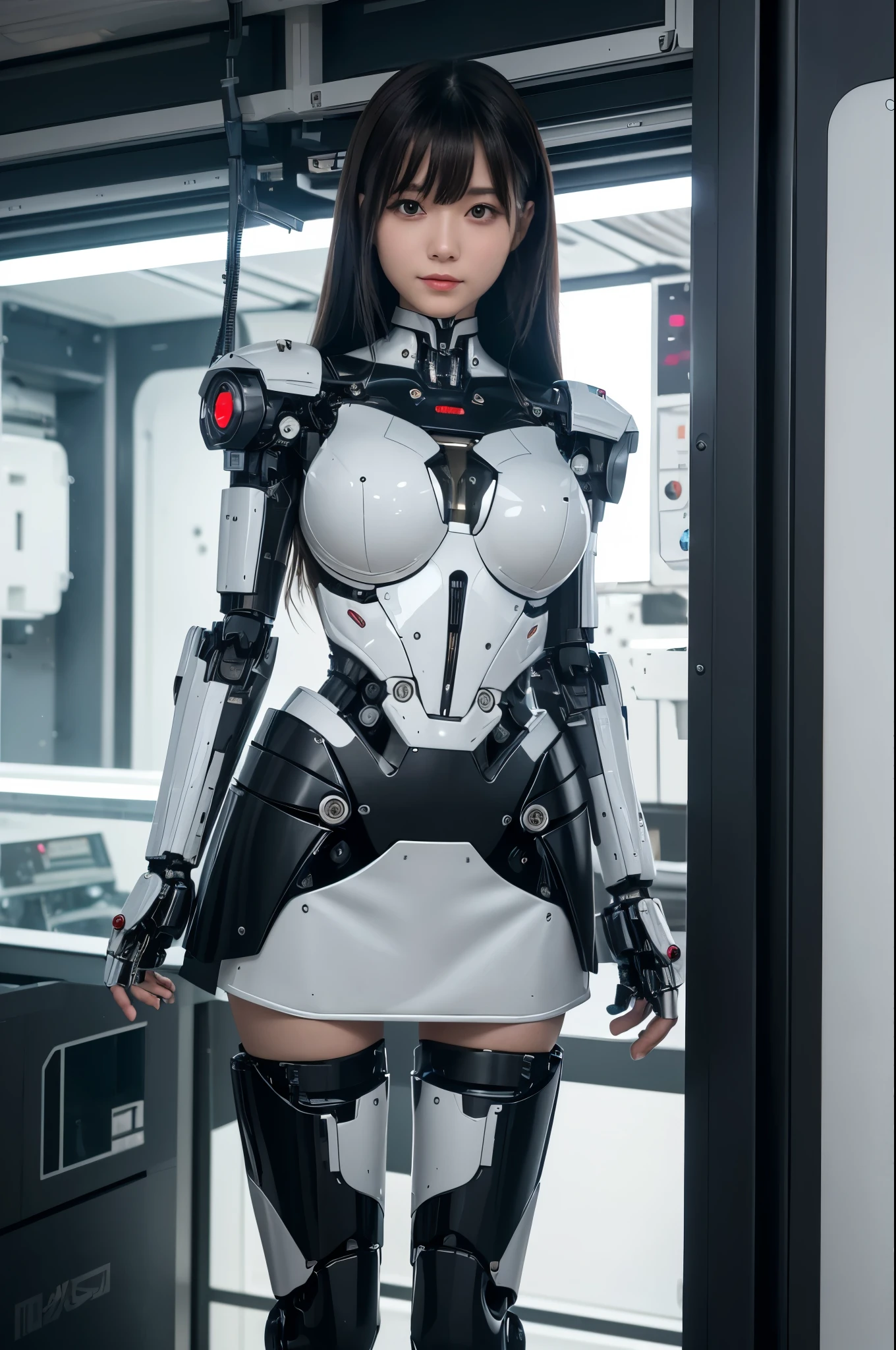 masterpiece, best quality, extremely detailed, hight resolution, 超A high resolution:1.1, (masutepiece, Realistic, Photorealsitic:1.1),8k portrait, Japaese android Girl,Plump,single eyelid,announcer,control panels,android,Droid,Mechanical Hand, Robot arms and legs, Black hair,Mechanical body,Blunt bangs,perfect mechanical abdomen,White robotics parts,perfect robot woman,cyberpank costume,She is powered by electricity,future laboratory,perfect plastic body,perfect mechanical body,black sponge joints,The removable cover is on the groin,The connection port is on the groin,opened  panel,access panel on the chest,opened  panel,perfect mechanical breast,machine body,white robot body,ceramic breast,perfect plastic breast,She has been assembled by robotarm,assembly plant,miniskirt,pleated skirt,boots,perfect future costume,perfect mechanical bodycover,separate booth,She has storaged in the booth,perfect machine body,perfect cyborg girl,