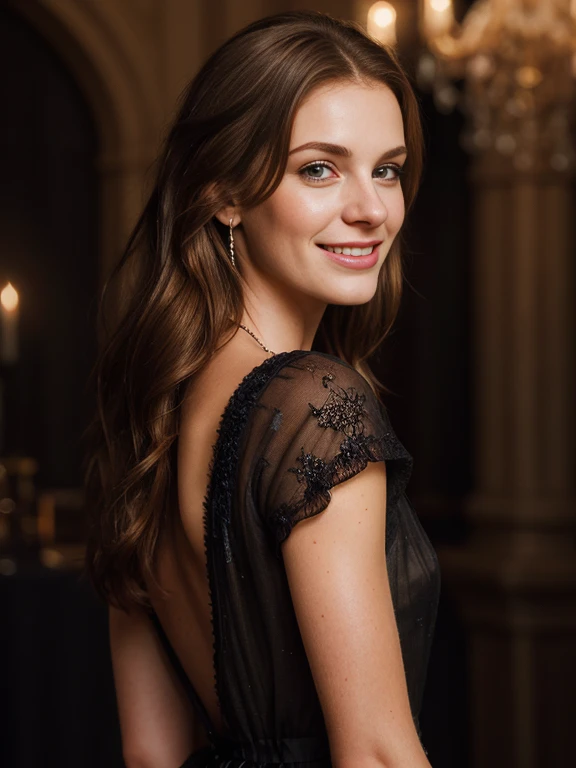 Beautiful woman with Brown hair, photo portrait,smiling,Spectacular lighting, photo shoot, occidental, (Masterpiece), Best quality, High resolution, Extremely detailed background, Realistic skin,cinematic lighting Completed,wearing black dress, natural model