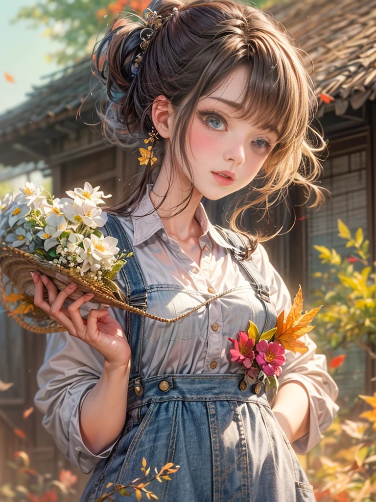 Country streets, potted plant, flower, Oriental design, autumn , Harvest Festival, autumn Leaves Digital Painting, wind, concept art, illustration, complex, Imaginative thoughts on your dream girlfriend、Warm depiction,Envisioned as a dream lover and lifelong partner。She embodies the simplicity of Chinese rural girls、Industrious,Integrated with wisdom、Beautiful and hard-working character。This artistic depiction shows her in a rural setting,Exuding sweetness、Romantic atmosphere。((She wears simple denim overalls and a white shirt)),Reflecting her humble origins and down-to-earth character。Her facial features are gentle and beautiful,The expression is kind、Tempting。背景是wind景如画的乡村wind景,Rolling hills、Fields and traditional country houses,Adds a sweet rustic romantic charm。整体wind格融合了现实主义和理想化的乡村美感,embodies the dreamlike、The Essence of a Cute Country Girl, (flower卉水彩画:1.5),(Super high saturation, bright and vivid colors:1.5), (nsfw), (Look at the audience head-on:1.5)