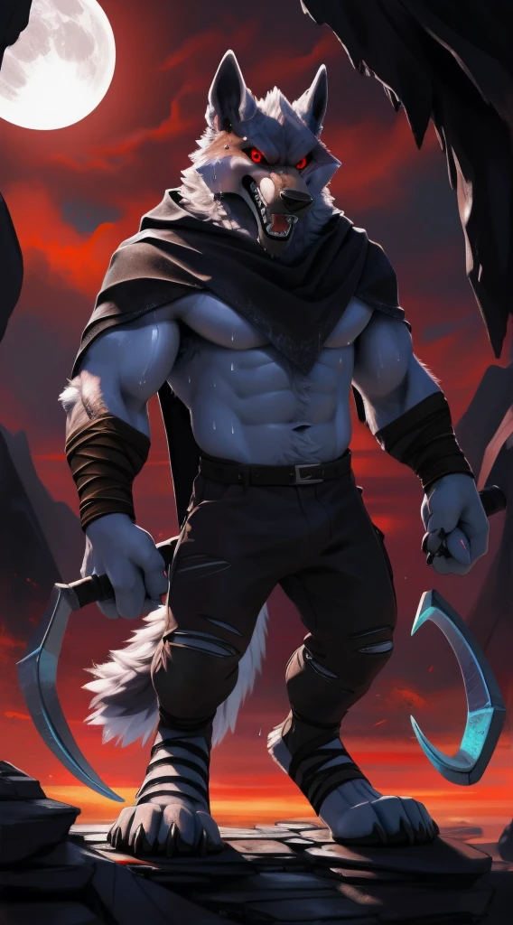 deathwolf, 1boy, solo, colored sclera, red eyes, furry, big long black old torn cloak, white fur, upper body shot, anthro, (frown:1.2), (angry:1.5), (opened wide eye:1.5), hand holding sickle, (looking forwards:1.5) , male, muscular, tall, muscular anthro, (sweat:1.4), muscular male, aged up, hi res, (bottomwear:1.2), 8k hd, extreme detail, detailed background, dark cave, red sky, bright big moon, by Pino Daeni, (by ruaidri), by virtyalfobo