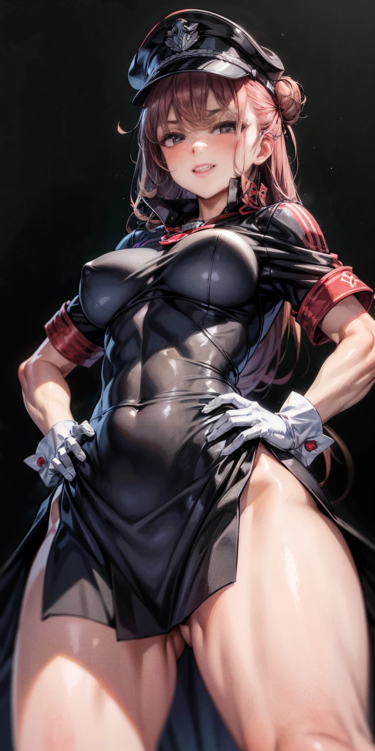 a woman standing at a symmetrical low angle, from below, barefoot, smiling lustfully with red blush, hands on hips, big knockers masterpiece,best quality, 1girl, solo, dark, night, crazy smile, looking at viewer, standing, black background, cowboy shot, arms behind back, medb \(fate\), peaked cap, red thigh boots, black skirt, military uniform, white gloves, hair bun,