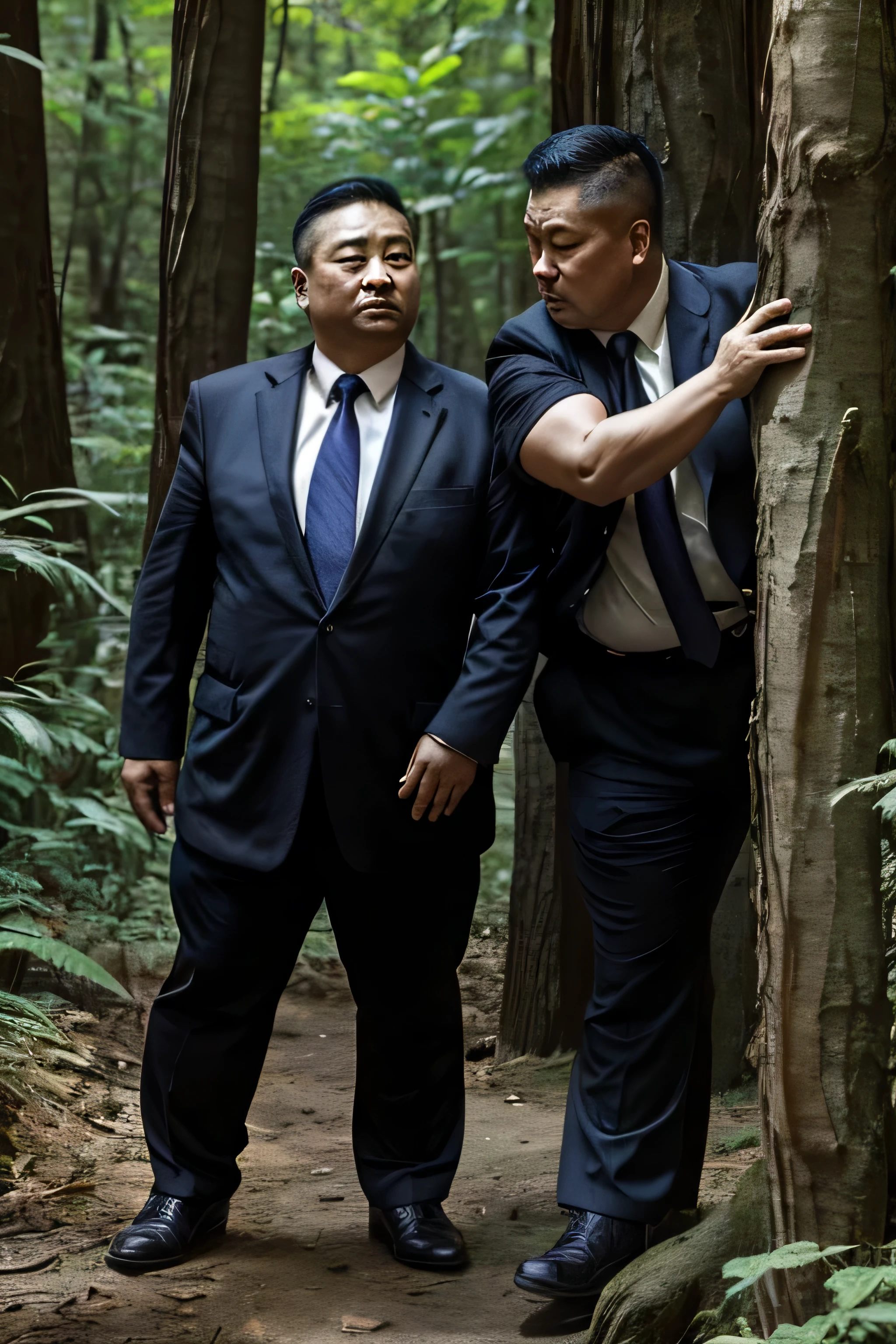 Two people wearing black ties, Obese middle-aged Chinese man fights face to face with security guard in forest