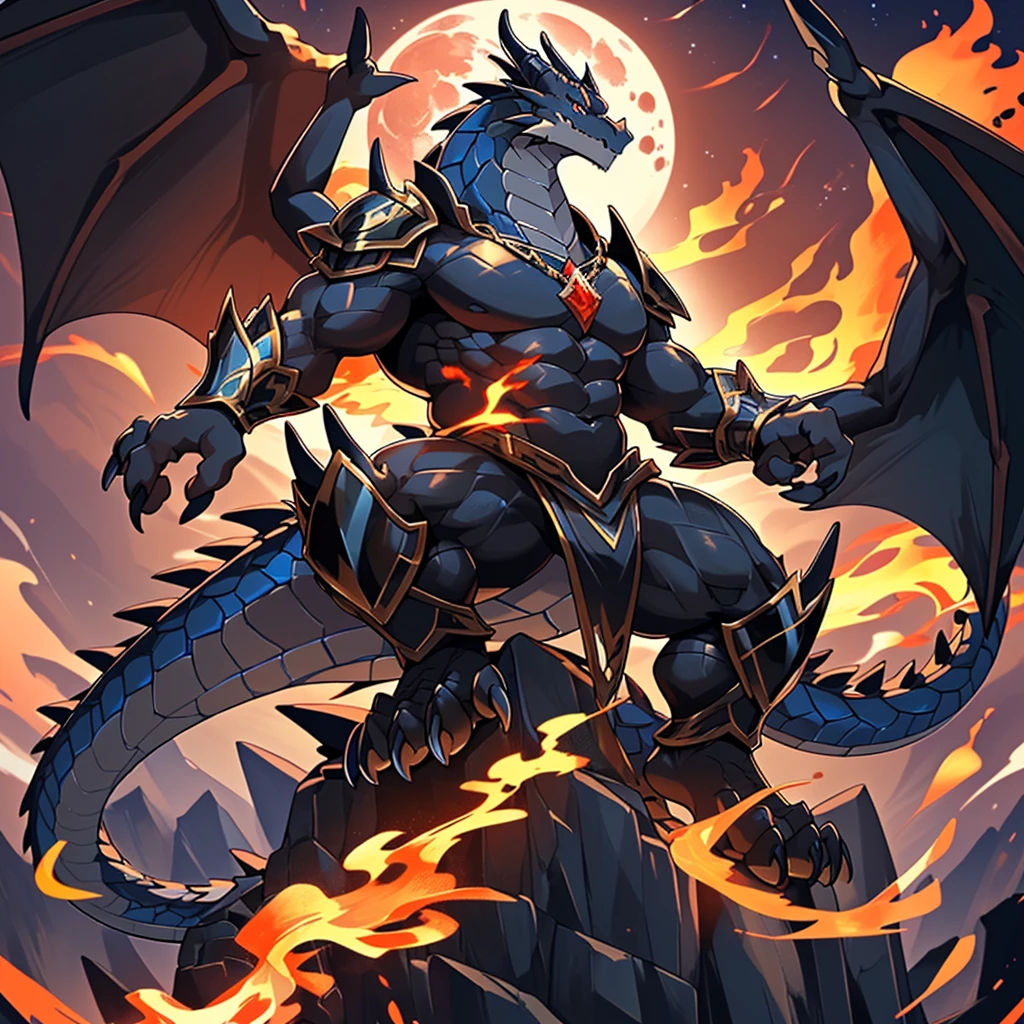 (The violent and powerful Black Dragon King，Wearing modern black and gold dragon armor：100)，(Broad dragon body，majestic wingspan，Sharp dragon claws，thick dragon tail，huge black dragon king，Huge dragon claws：2)，Fit in size，(blue dragon flame：2)，Perched atop the pinnacle，blood moon，full body picture，Very detailed，4K HD