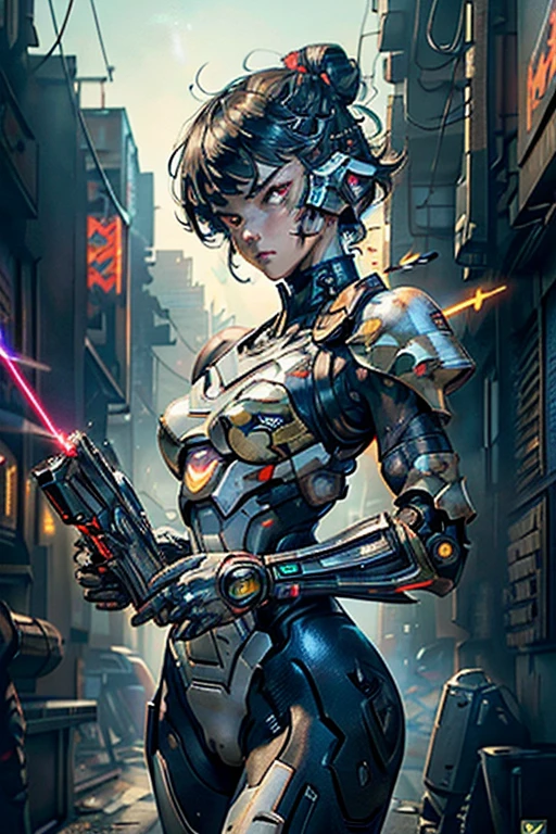 extremely detailed CG unity 32K wallpaper, top quality, masterpiece, raw photo, photorealistic, highest resolution, professional photo, dynamic, cinematic lighting, (cyberpunk:1.4), sharp focus, depth of field, (perfect body, correct anatomy:1.5), intricately detailed face, expressive face, POV, (from front:1.3), 1 girl, Japanese woman, ((female soldier:1.3)), solo, cowboy shot, black hair, short hair, SINGLE hair bun, ultra-realistic skin, detailed skin, tan, (narrow eyes:1.5), highly detailed nose and lips, (round outline of the face:1.3), (innocent face:1.2), ((camouflaged, combat uniform:1.2)), (slender:1.5), (petit:1.4), (beautiful breast:1.3), ((powered suit, body armor:1.5)), ((perfect body proportion:1.4)), futuristic powered suit, mechanical body armor, camouflaged exoskeleton, (((1 large laser blaster on right shoulder:1.4))), (((in military operation:1.2))), (((holding 1 blaster rifle with both hands:1.5))), outdoor, vandalized town, ruins, noon