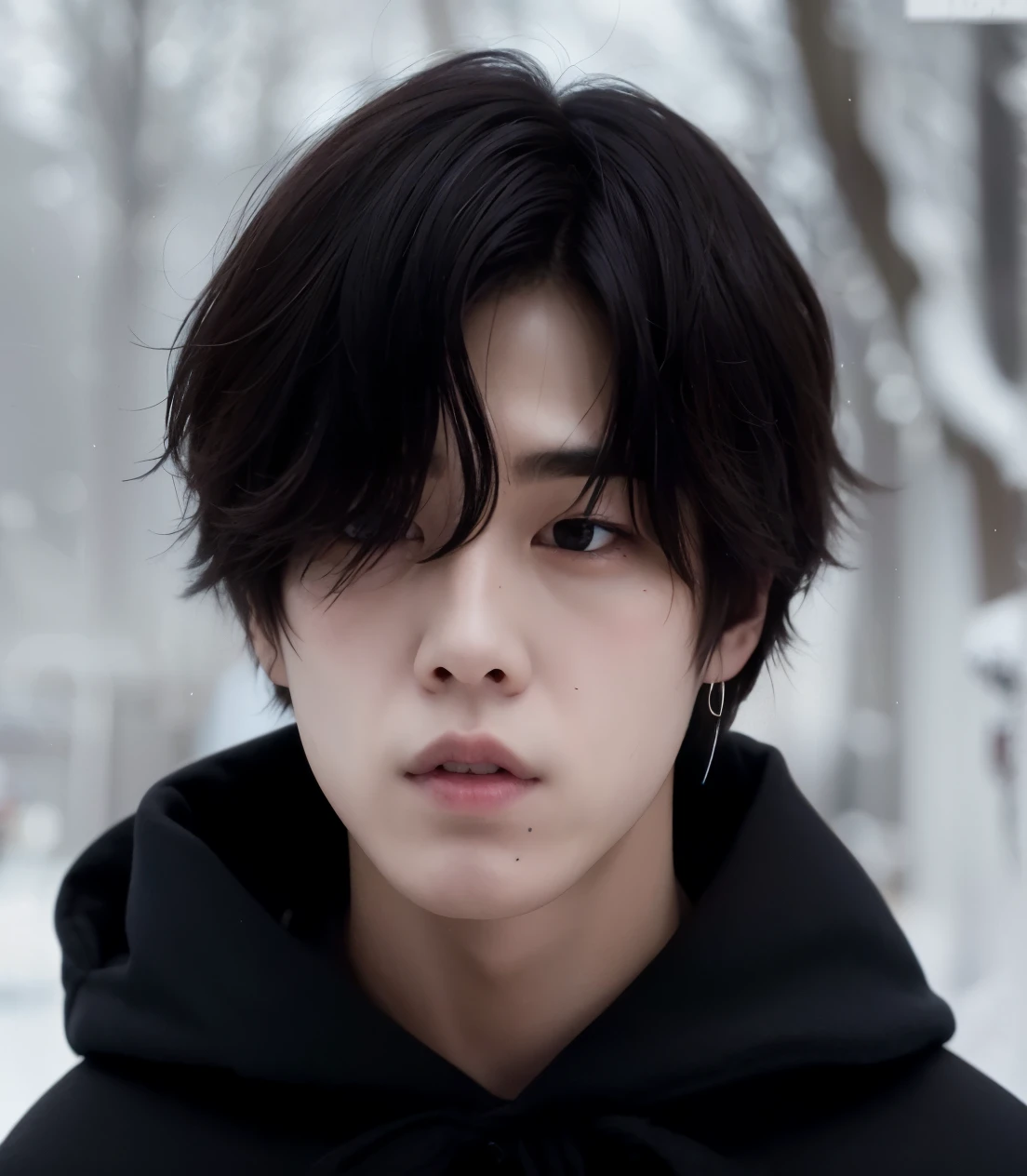 un primer plano de una persona con una sudadera con capucha negra y un bosque cubierto de nieve, Jung Jaehyun, accurate Jimin face, park Jimin, Jimin\los labios carnosos, pintar ulzzang, cuchilla del grupo de drenaje, Jimin\his right eyelid is swollen, handsome japanese demon boy, yoongi de pelo rojo, cai xukun, Jimin, Jinyoung Shin