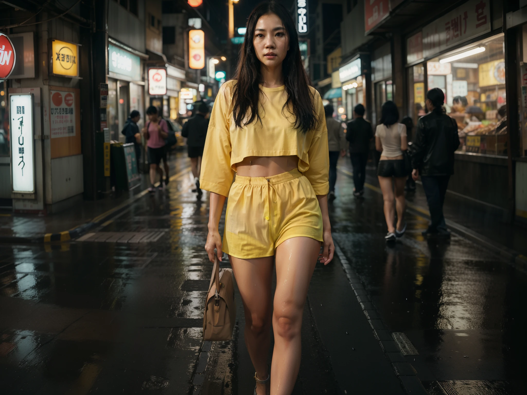 Realistic images, Street photography, a Thai woman, empty street, Yellow Shirt, Rain, rainy, night, dark, Rain, Japanese, Japanese signs, neon signs, blade-runner style, intricate, hyper-detailed, realistic, ultra-realistic, high quality, ultra detail, crazy detail, photo realism, 8k