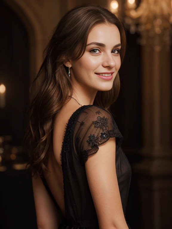 Beautiful woman with Brown hair, photo portrait,smiling,Spectacular lighting, photo shoot, occidental, (Masterpiece), Best quality, High resolution, Extremely detailed background, Realistic skin,cinematic lighting Completed,wearing black dress, natural model,Realistic Brown round eyes