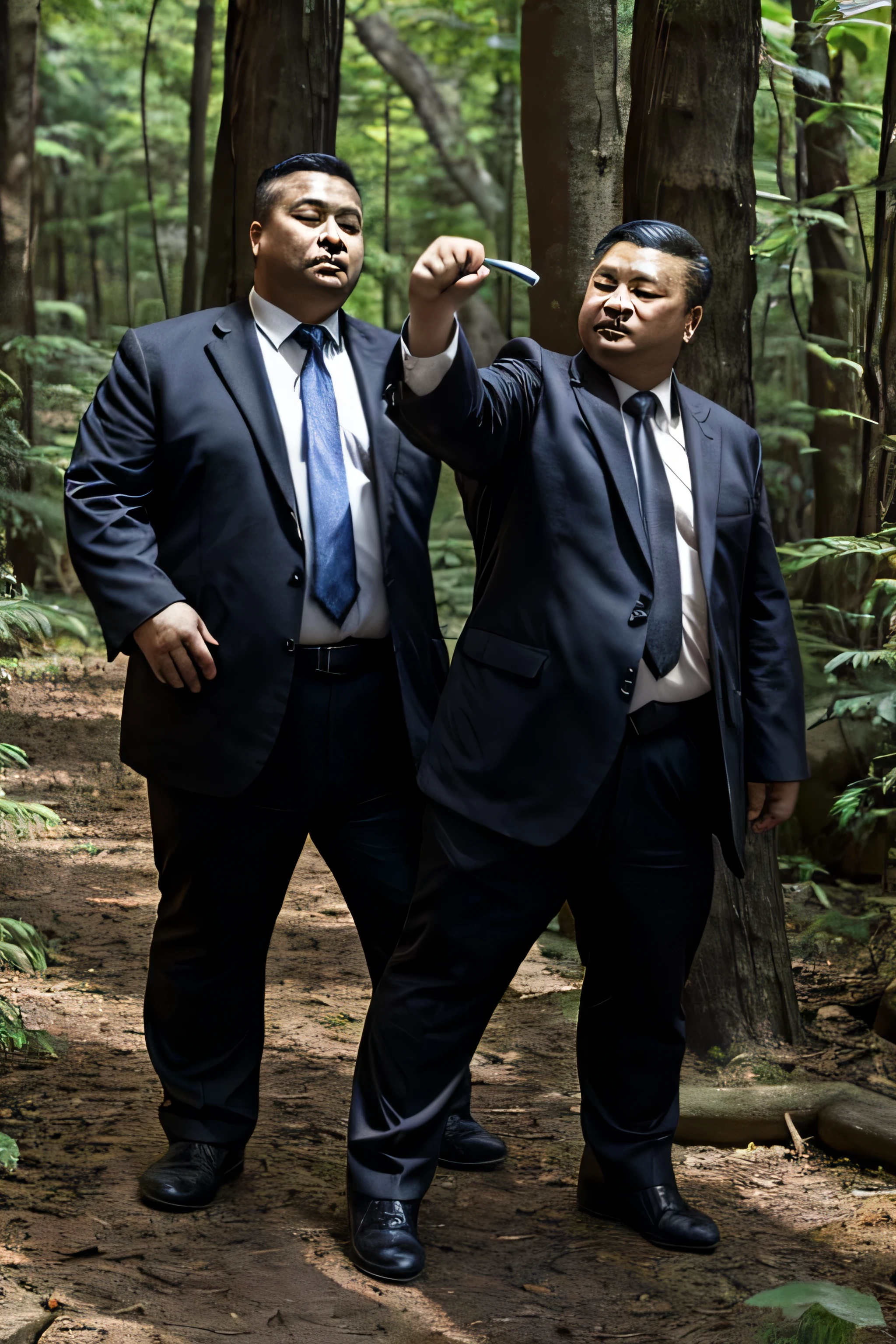 Two people wearing black ties, Fat Chinese mature middle-aged man fights with security guard with knife in forest，fist pointing to belly