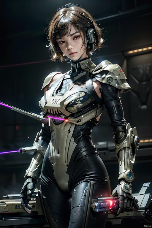 extremely detailed CG unity 32K wallpaper, top quality, masterpiece, raw photo, photorealistic, highest resolution, professional photo, dynamic, cinematic lighting, (cyberpunk:1.4), sharp focus, depth of field, (perfect body, correct anatomy:1.5), intricately detailed face, expressive face, POV, (from front:1.3), 1 girl, Japanese woman, ((female soldier:1.3)), solo, cowboy shot, black hair, short hair, SINGLE hair bun, ultra-realistic skin, detailed skin, tan, (narrow eyes:1.5), highly detailed nose and lips, (round outline of the face:1.3), (innocent face:1.2), ((camouflaged, combat uniform:1.2)), (slender:1.5), (petit:1.4), (beautiful breast:1.3), ((powered suit, body armor:1.5)), ((perfect body proportion:1.4)), futuristic powered suit, mechanical body armor, camouflaged exoskeleton, (((1 large laser blaster on right shoulder:1.4))), (((in military operation:1.2))), (((holding 1 blaster rifle with both hands:1.5))), outdoor, vandalized town, ruins, noon