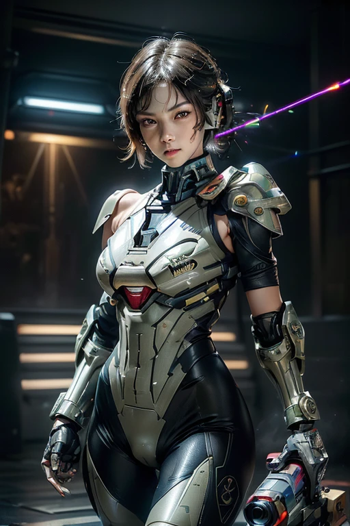 extremely detailed CG unity 32K wallpaper, top quality, masterpiece, raw photo, photorealistic, highest resolution, professional photo, dynamic, cinematic lighting, (cyberpunk:1.4), sharp focus, depth of field, (perfect body, correct anatomy:1.5), intricately detailed face, expressive face, POV, (from front:1.3), 1 girl, Japanese woman, ((female soldier:1.3)), solo, cowboy shot, black hair, short hair, SINGLE hair bun, ultra-realistic skin, detailed skin, tan, (narrow eyes:1.5), highly detailed nose and lips, (round outline of the face:1.3), (innocent face:1.2), ((camouflaged, combat uniform:1.2)), (slender:1.5), (petit:1.4), (beautiful breast:1.3), ((powered suit, body armor:1.5)), ((perfect body proportion:1.4)), futuristic powered suit, mechanical body armor, camouflaged exoskeleton, (((1 large laser blaster on right shoulder:1.4))), (((in military operation:1.2))), (((holding 1 blaster rifle with both hands:1.5))), outdoor, vandalized town, ruins, noon