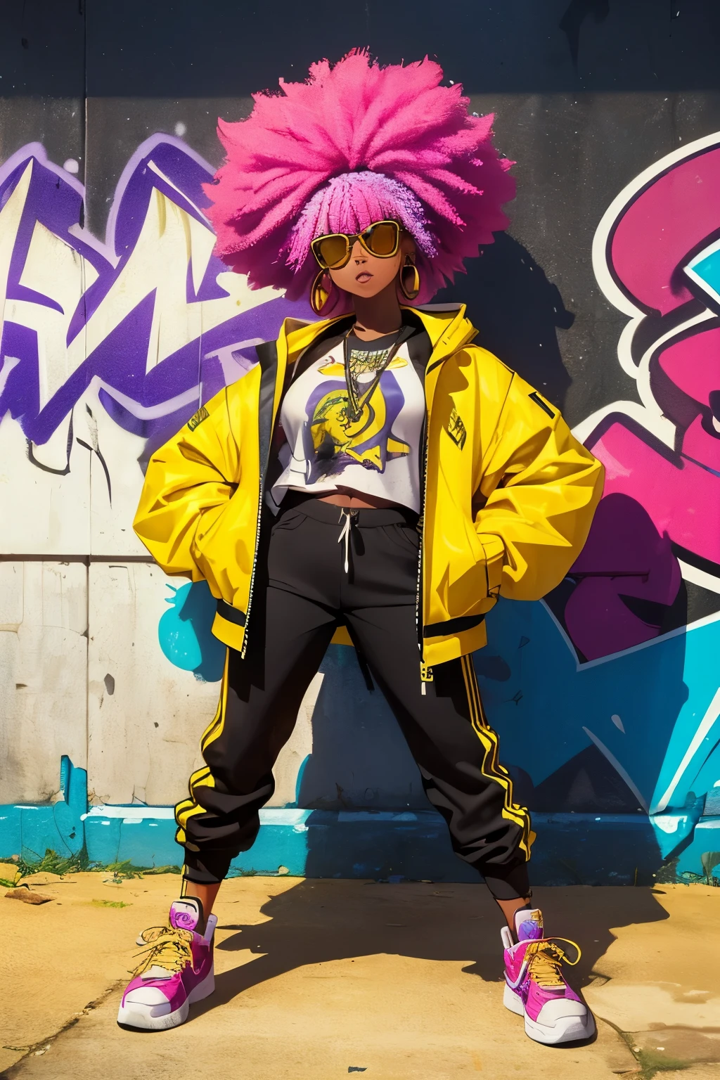 (high quality, vivid colors, realistic:1.37), girl gangster with afro hair in yellow, hip hop style, urban background, graffiti, cool sunglasses, gold accessories, colorful sneakers, confident expression, powerful stance, vibrant atmosphere
