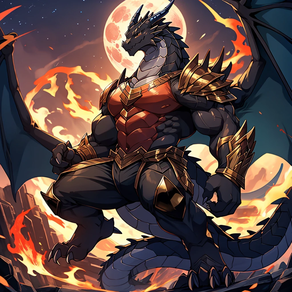 (The violent and powerful Black Dragon King,Wearing modern black and gold dragon armor:100),(Broad dragon body,majestic wingspan,Sharp dragon claws,thick dragon tail,huge black dragon king,Huge dragon claws:2),Fit in size,(blue dragon flame:2),The Black Dragon King is at the top,blood moon,full body picture,Very detailed,4K HD