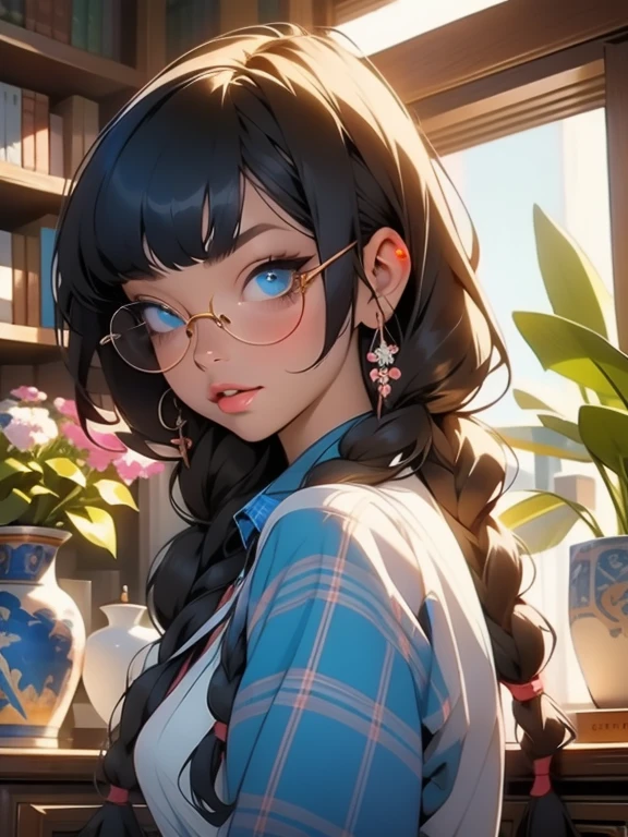 beautiful young woman, 2 long braids, thick bangs, dark hair, a lot of make-up, wearing round glasses, dark skin, portrait. face shot, long head, big nose, big lips, ebony skin, mischievous, blue eyes, wearing white shirt with blue necktie, blue plaid skirt, full body view, slim girl, 16 years old, background has bookshelves, vase with flowers next to window with blue sky view, 