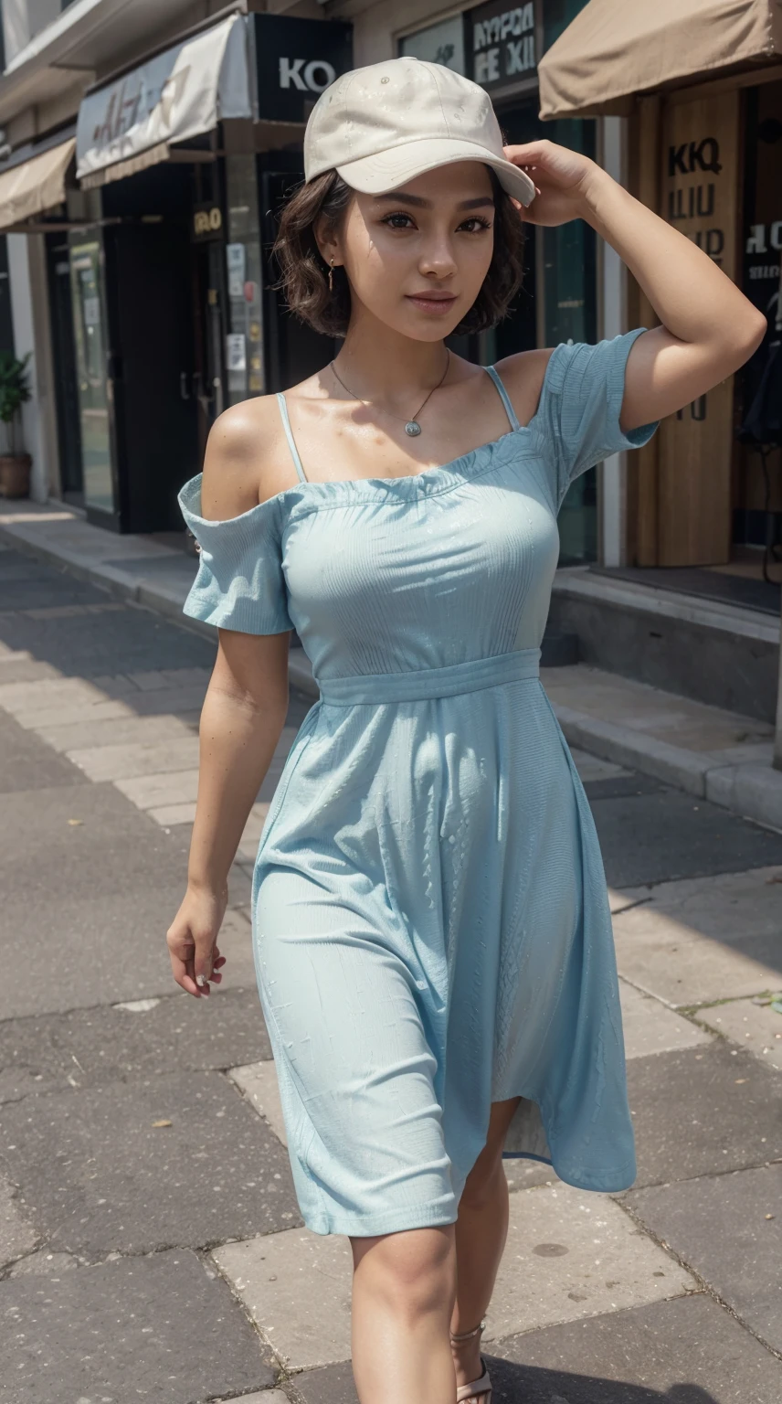 (photo realistic:1.4), (hyper realistic:1.4), (realistic:1.3),, (smoother lighting:1.05), (increase cinematic lighting quality:0.9), 32K,, 1girl, 2 0 old girl, realistic lighting, backlighting, light on face, ray trace, (brightening light:1.2), (Increase quality:1.4),, (best quality real texture skin:1.4), finely detailed eyes, finely detailed face, finely quality eyes, (tired and sleepy and satisfied:0.0), (Increase body line mood:1.1), (Increase skin texture beauty:1.1), (Best Quality, 8k, 32k, Masterpiece, UHD:1.3), (kpop idol:1.3), 1 Girl, (short wavy hair), perfect legs, Ultra Detailed Face, Detailed Lips, Fine Eyes, double eyelids, wearing red dress, casual shirt, beautiful casual shirt, beautiful necklace, wearing necklace, wearing jeans, casual jeans, casual pants, wearing earing, beautiful heals, beautiful poses, walking on the street, (((long dress))), light smile, ((wearing cap))