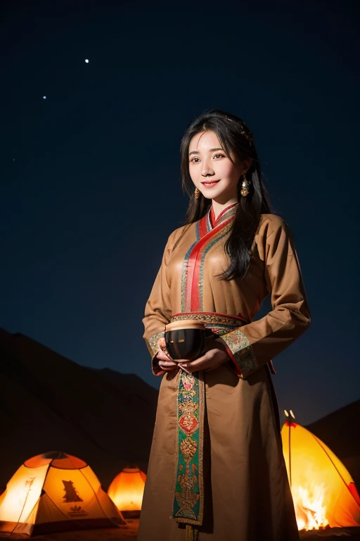 (best quality, masterpiece),(1 girl, Xinjiang Uyghur ethnic costumes,expression face, Coffee-colored eyes, looking into camera, black hair, Smile, hand reaching out towards viewer), (at the desert, There is a bonfire in front of you,Nomads’ tents behind them, camel, night sky)