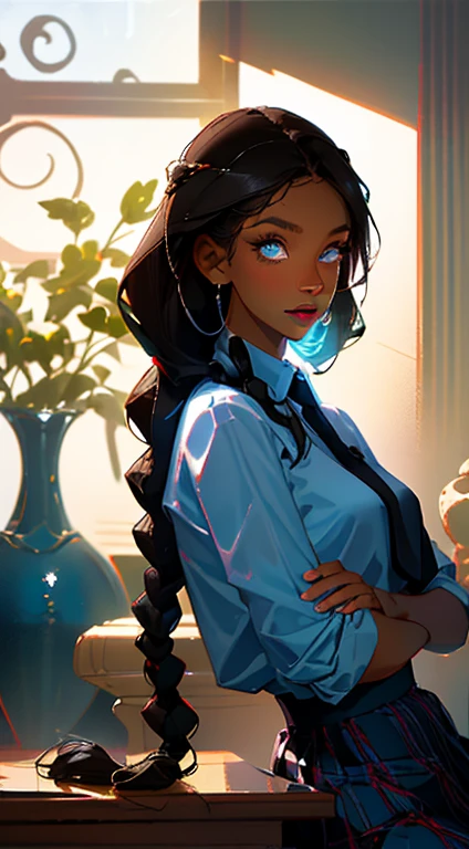 beautiful young woman, 2 long braids, thick bangs, dark hair, a lot of make-up, wearing round glasses, dark skin, portrait. face shot, long head, big nose, big lips, ebony skin, mischievous, blue eyes, wearing white shirt with blue necktie, blue plaid skirt, full body view, slim girl, , background has bookshelves, vase with flowers next to window with blue sky view, (natural skin textures、Hyper-Realism、Soft light、sharp)