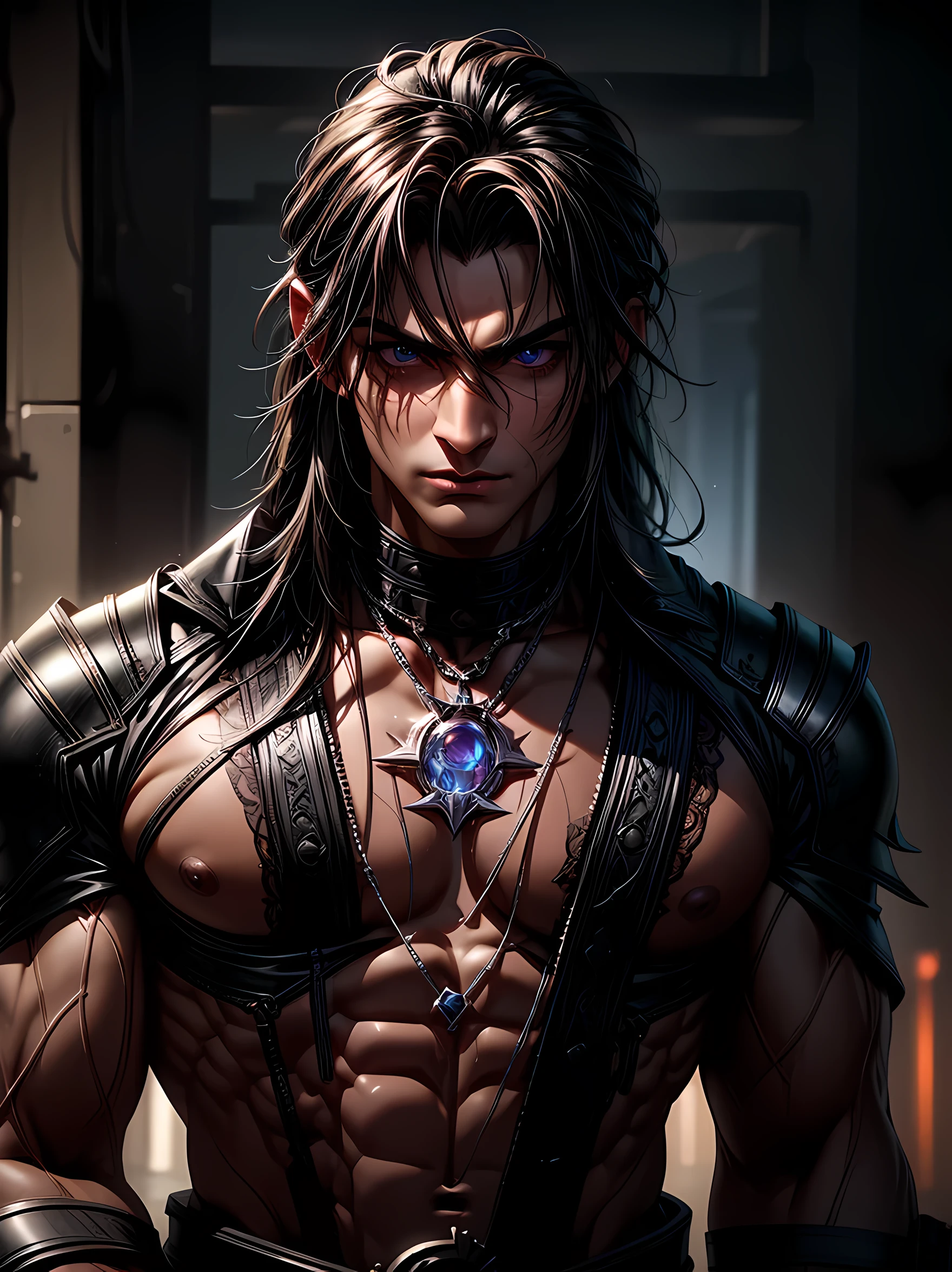 Top quality, Photorealistic, 8K, High Definition, Unity 8K wallpaper, high res, ultra sharp, masterpiece, ((masterpiece)), best quality, expressive eyes, perfect face, Super eyes, masterpiece, highly detailed exquisite character art, epic fantasy digital art style, detailed digital 3D fantasy art, ultra-realistic, full body shot, muscular male, muscular male, pecs, male tanned skin, male dark complexion, corrupted, mind-control, chained collar, cyberpunk, futurisic, extreme blushing, male slave, detailed pecs, detailed arms, detailed abs, strong jawline, extremely sweaty, extremely wet, drooling, mouth open, gay couple domination, dirty, messy, Mind control device,