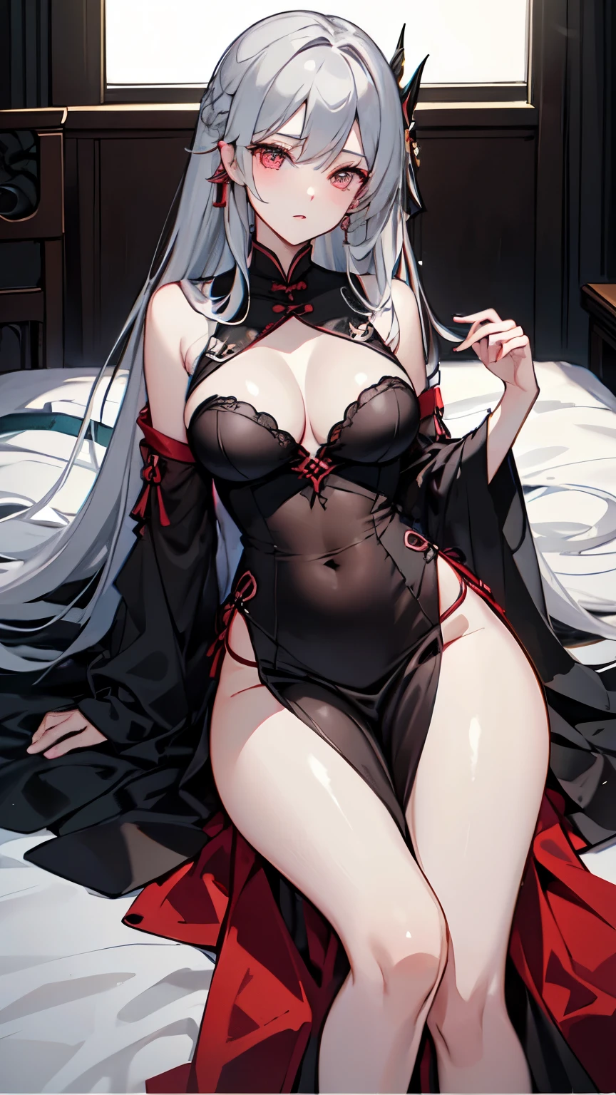 Girl Chinese dress sexy, legs showing, medium breasts, legs slightly spread, lying on the bed, ruby eyes, silver hair, exposed breasts.