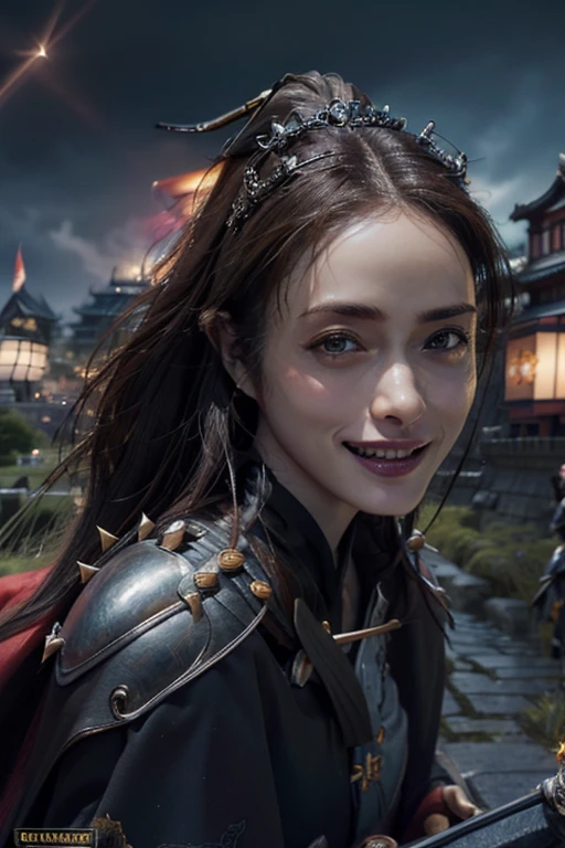 Extremely detailed CG unity 32K wallpaper, top quality, masterpiece, raw photo, photorealistic, highest resolution, professional photo, dynamic, cinematic lighting, (fantasy:1.4), sharp focus, depth of field, (perfect body, correct anatomy:1.5), intricately detailed face, expressive face, POV, (from front:1.3), 1 girl, ((witch empress:1.4)), solo, cowboy shot, black hair, (ponytail:1.2), ((silver crown with 4 spikes:1.3)), ultra-realistic skin, bright and dark eyes, beautiful nose and lips, (evil smile:1.4), ((shiny and black steel armor:1.5)), ((perfect body proportion:1.4)), curvy, beautiful breast, ((red cape:1.3)), ((((straddling on a black horse:1.2))), riding a black horse, (((outdoor, Japanese castles, accompanied with her own army:1.4)))