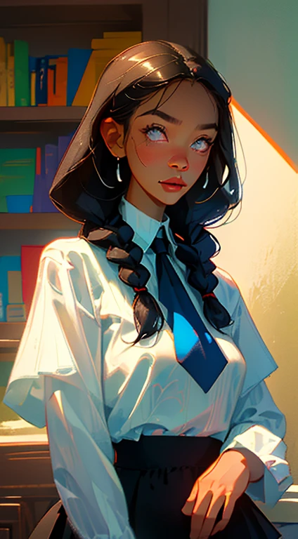 beautiful young woman, 2 long braids, thick bangs, dark hair, a lot of make-up, wearing round glasses, dark skin, portrait. face shot, long head, big nose, big lips, ebony skin, mischievous, blue eyes, wearing white shirt with blue necktie, blue plaid skirt, full body view, slim girl, 16 years old, background has bookshelves, vase with flowers next to window with blue sky view, (natural skin textures、Hyper-Realism、Soft light、sharp)