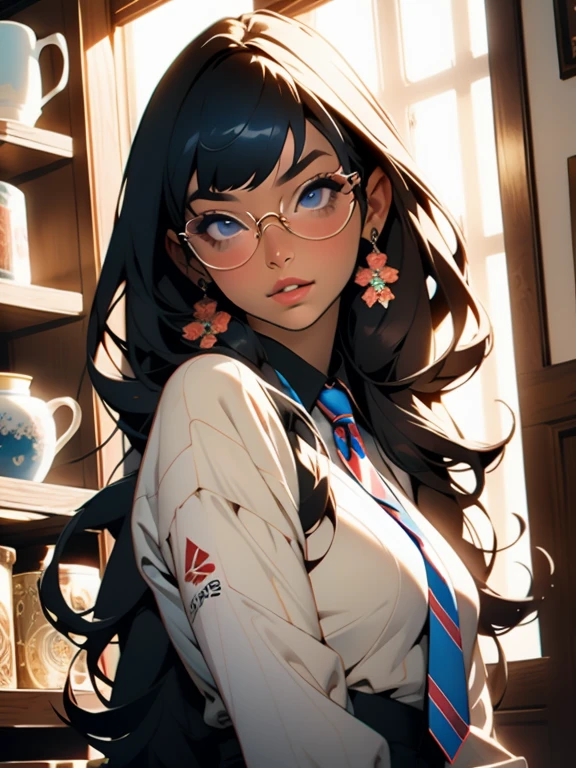 beautiful young woman, 2 long braids, thick bangs, dark hair, a lot of make-up, wearing round glasses, dark skin, portrait. face shot, long head, big nose, big lips, ebony skin, mischievous, blue eyes, wearing white shirt with blue necktie, blue plaid skirt, full body view, slim girl, 16 years old, background has bookshelves, vase with flowers next to window with blue sky view, (natural skin textures、Hyper-Realism、Soft light、sharp)