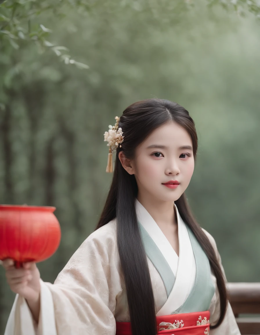 Chinese , Hanfu, beautiful hair accessories, hanfu, Do not show your hands, Chinese furniture, Background clean and free of clutter, hand details, Ancient costume, Long straight hair, black hair, medium hair, kanzashi, light smile, chiaroscuro, depth of field, film grain, first-person view, 35mm