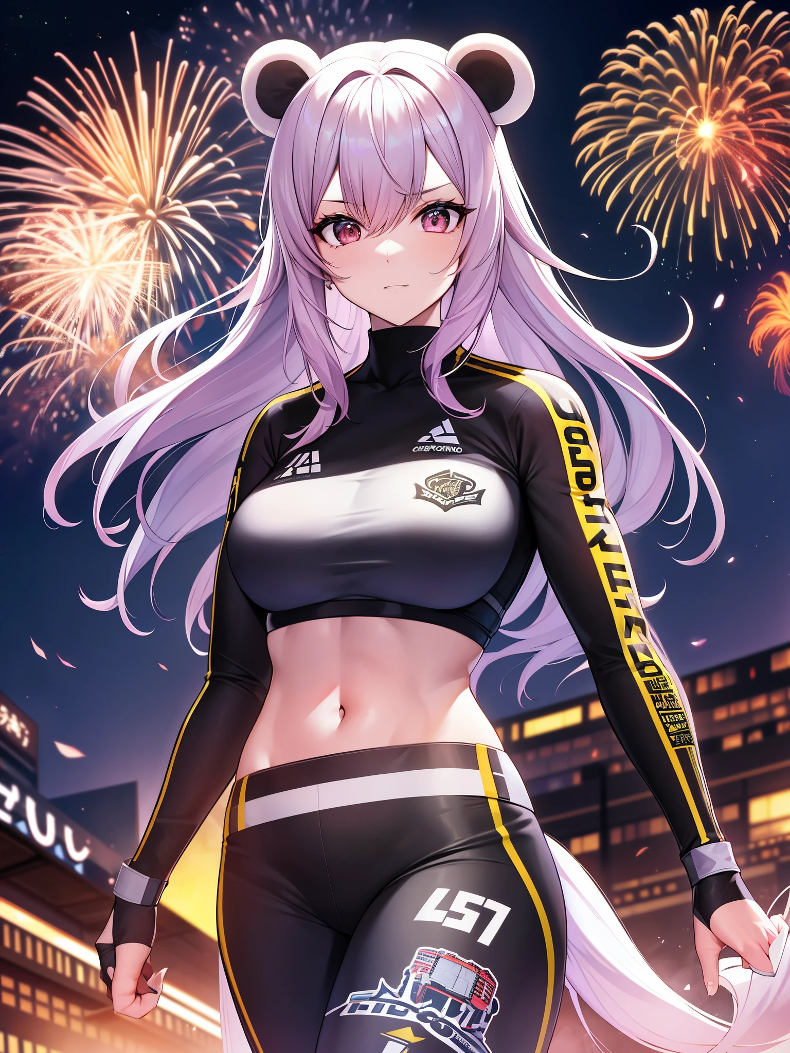 best quality,4k,8k,Altas,master part:1.2,ultra-detalhado,Realistic:1.37,anime,illustration,arte conceitual,cores neon,Contraste forte,material de couro,metallic finish,vibrant lighting,Postura agressiva,Strong muscle definition,Garras afiadas,Mascote do panda gerado por IA,olhar intenso,fundo arenoso,urban backdrop,linhas de movimento,Energy effects,poder explosivo,Agilidade sobre-humana,linhas de velocidade,fierce expression,ondas sonoras estrondosas,Slogans do jogador,Team Name Integration,Esports Championship Trophy,fireworks,Epic battle atmosphere