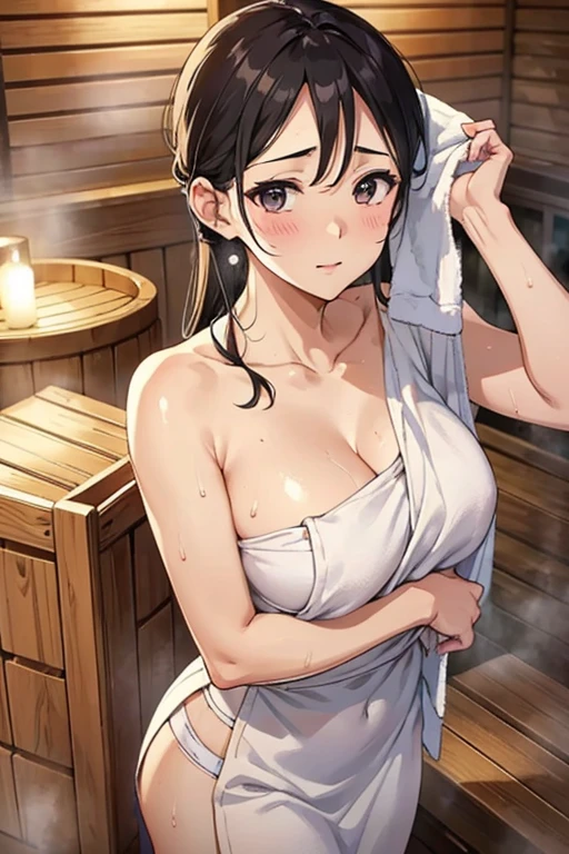 beautiful mature woman、sauna、Sweat、Wrap a bath towel tightly around your body、saunaに入っている、handsome face