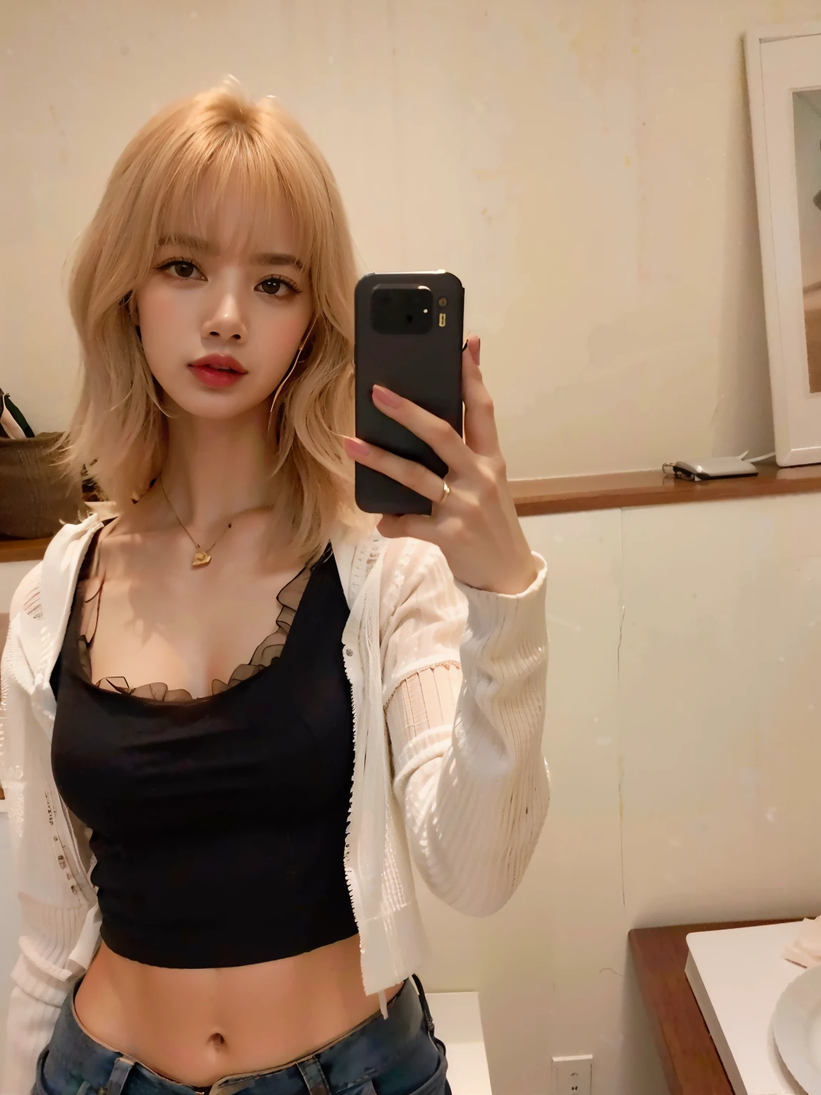 Mulher loira tirando uma selfie em um espelho do banheiro com um telefone celular, imagem vazada, 18 anos de idade, she is wearing a black tank top, Retrato de Lalisa Manobal, bralette, 2 modelo feminino de 4 anos, vestindo uma regata preta cortada, vestindo uma blusa preta cropped, 1 6 anos, Lalisa Manobal
