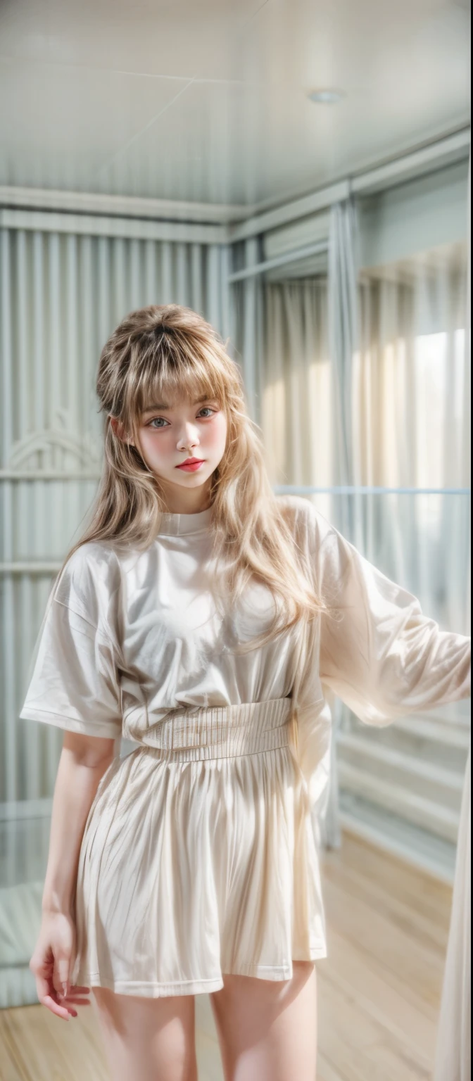 masterpiece、8K、32K、highest quality、(cute japanese woman、bangs:1.3)、23 years old、1 girl、elegant、(Are standing:1.1)、White over t-shirt