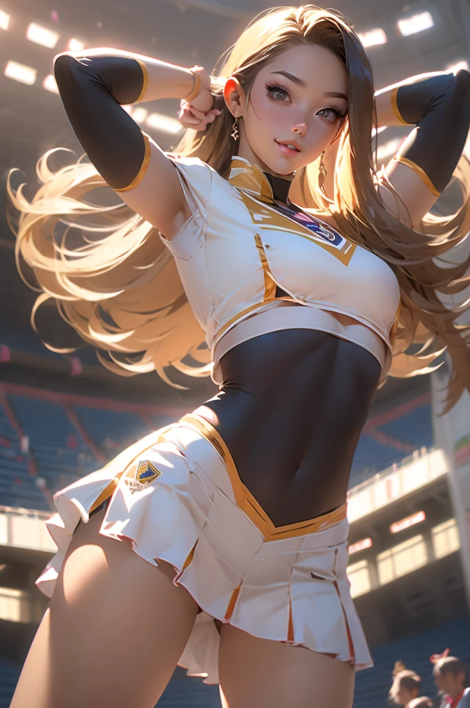 Asian cheerleaders pose dynamically with pompoms in the stadium:1 persona:There is no one else、un moreno、un primer plano、Fotos de cosplay、Anime de cosplay、pechos grandes y llenos、Real live shot of an 18 year old, de primera calidad, high resolution, (masterpiece), (Fotorrealista:1.4), Professional photography, Sharp focus, nffsw, 8K resolution, detalles intrincados,  profundidad de campos, Los fondos de pantalla CG Unity 8K extremadamente detallados, frontal iluminado, MUJERES, chica con, Hermosa supermodelo, Una sonrisa、un delgado、Small cheerleading uniform、Estilo traje marinero