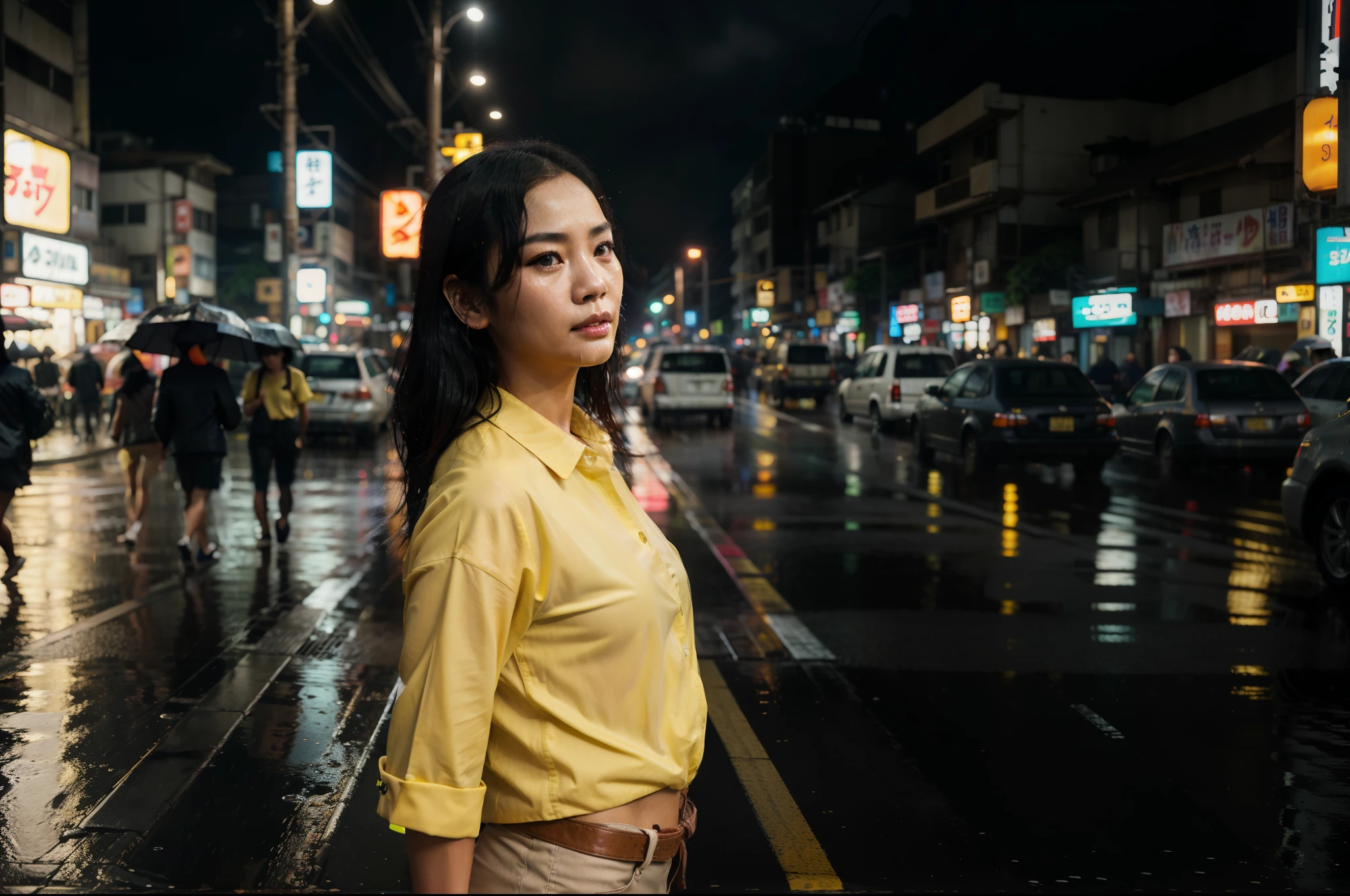 Realistic images, Street photography, a Thai woman, empty street, Yellow Shirt, Rain, rainy, night, dark, Rain, Japanese, Japanese signs, neon signs, blade-runner style, intricate, hyper-detailed, realistic, ultra-realistic, high quality, ultra detail, crazy detail, photo realism, 8k