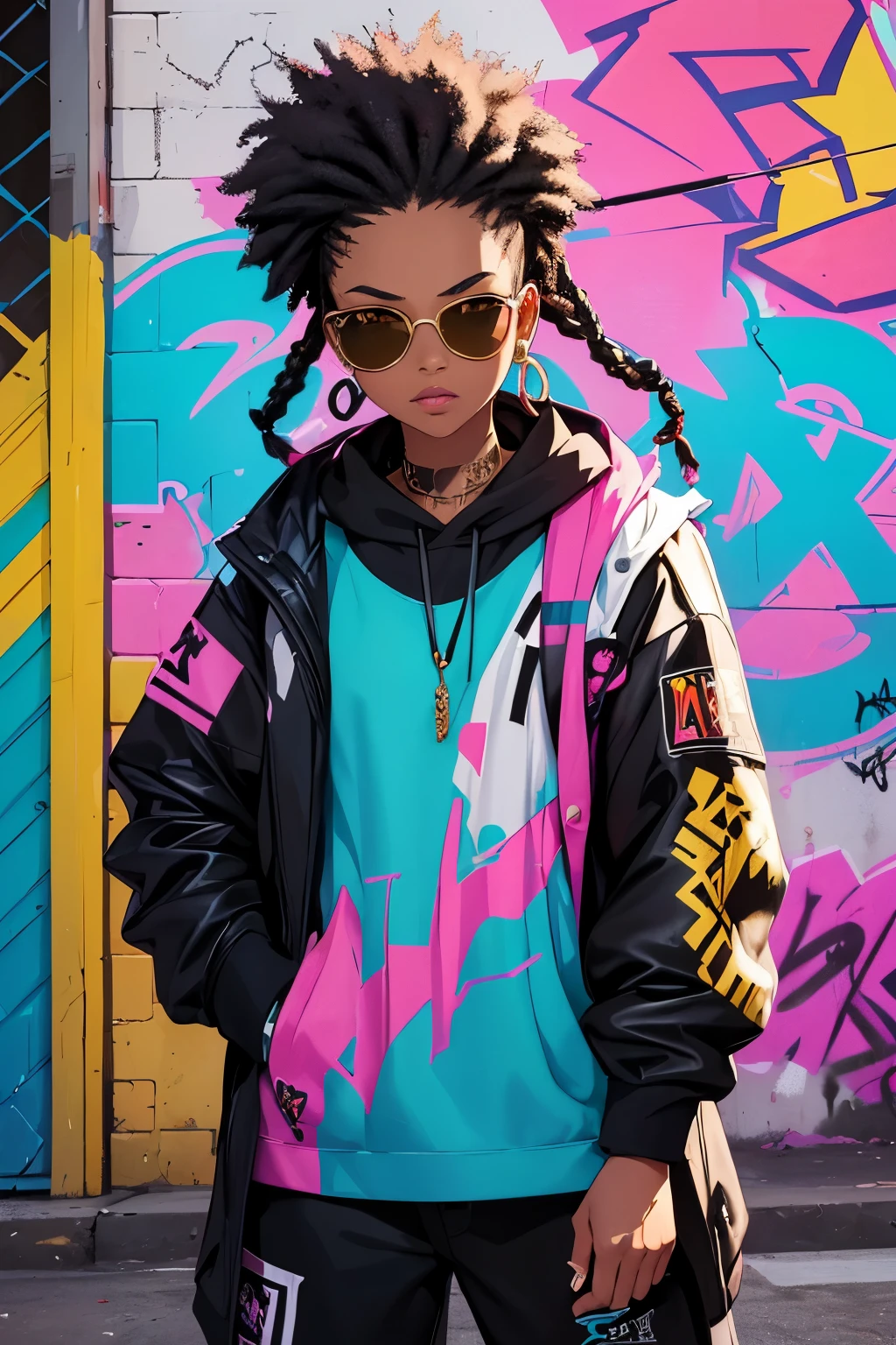 (Prompt生成没有实际顺序要求,以下只是一个示例)
A purple hip hop-style Afro-Brazilian gangster girl with graffiti in the background.
(ultra-detailed, realistic:1.37), portraits, urban art style, vibrant colors, dynamic lighting, spray paint, art materials: aerosol, acrylic paint, hip hop fashion, graffiti-covered walls, streetwear, confident expression, gold jewelry, braided hair, street dance moves, sunglasses, graffiti tags, vibrant atmosphere