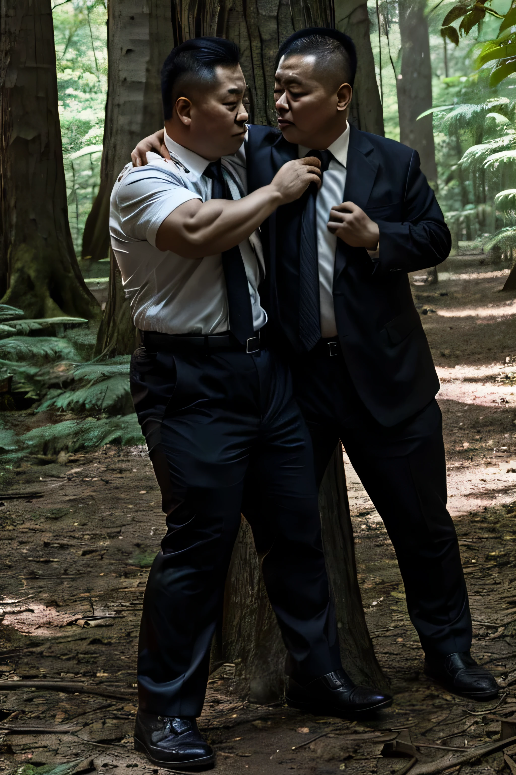 Two people wearing black ties, Fat Chinese mature middle-aged man fighting with security guard in forest