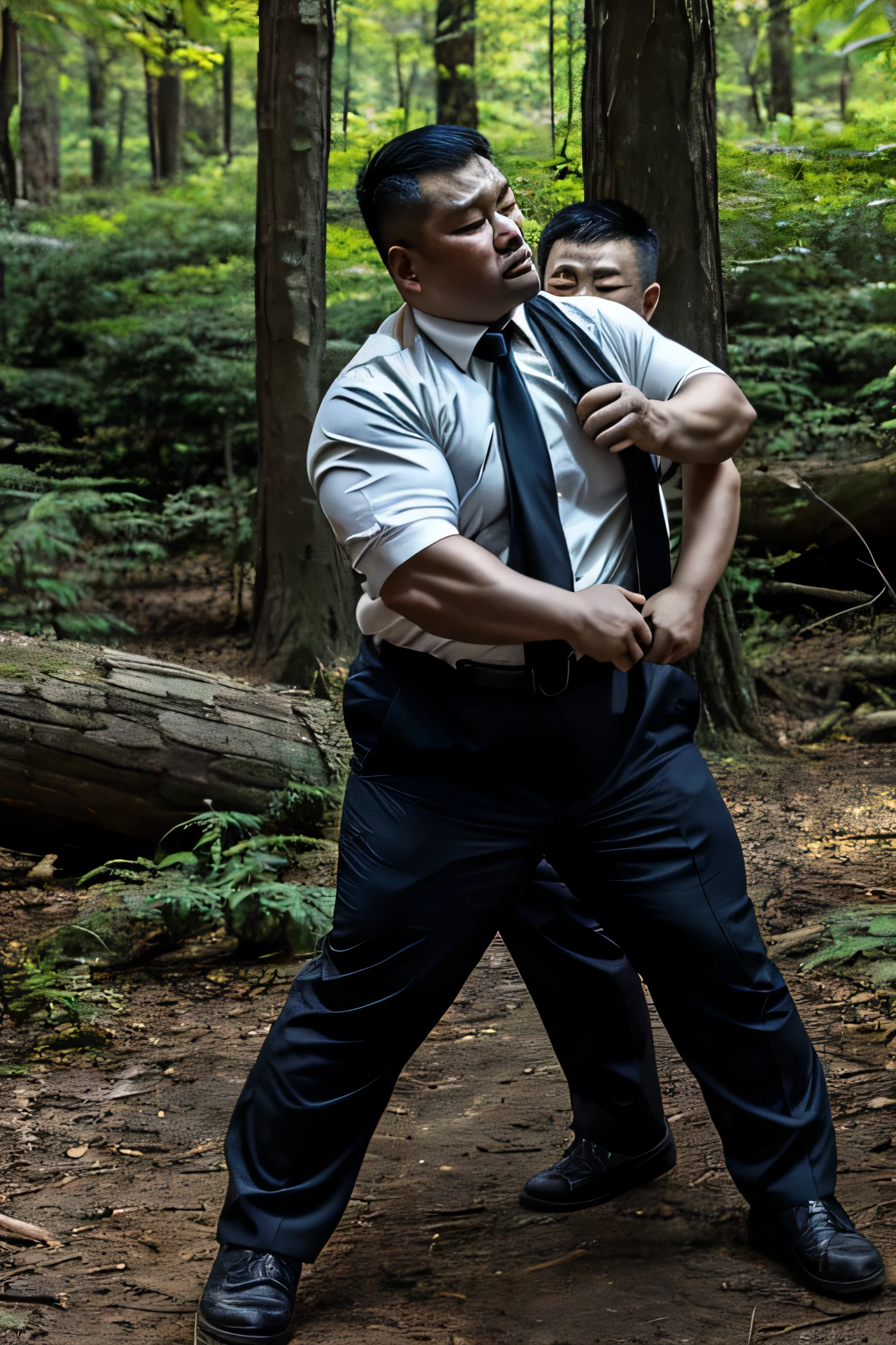 Two people wearing black ties, Fat Chinese mature middle-aged man fighting with security guard in forest