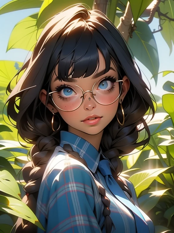 beautiful young woman, 2 long braids, thick bangs, dark hair, a lot of make-up, wearing round glasses, dark skin, portrait. face shot, long head, big nose, big lips, ebony skin, very dark skin, mischievous, blue eyes, wearing white shirt with blue necktie, blue plaid skirt, full body view, slim girl, 16 years old, background is a botanical garden full of flowers, herbs, plants and butterflies