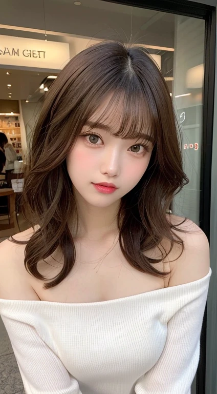 table top, highest quality, figure, super detailed, finely, High resolution, 8k wallpaper, 完璧なダイナミックな構figure, 美しくfine eyes, tight dress, medium hair,brown hair color ,small breasts, natural color lip, random sexy poses,random situation,slender body,narrow side,A face of ecstasy,has a feminine face,A face that trembles with sex in earnest,sexy face, (table top:1.3), High resolution, super detailed, the Extremely Detailed CG Unity 8k wallpapers, realistic, Photoreal, RAW photo, beautiful and detailed face, white skin, realistic glowing skin, fine cloth texture, detailed hair texture, perfect body, beautiful face, Accurate, anatomically correct, Highly detailed face and skin texture, natural neck length, (beautiful hands), (Fair skin:1.2), thin legs, thin legs,
break,
fine eyes, symmetrical eyes, light brown eyes, double eyelid, thin eyebrows, (glossy lips:1.4), ((waiting for a kiss:1.2)), (blush:1.1),
break,
(classy and cute girl:1.3), (Wearing a classy off-shoulder white blouse), (orange flare skirt:1.2),
medium breasts, (slender body shape:1.1), toned abdominal muscles, beautiful clavicle,
(dark blonde hair, wavy hair, long hair:1.3), ((asymmetrical bangs:1.2)), (upper body shot:1.2), looking at the viewer, (From above:0.65),
break,
((stand near me、reach out to the front:1.3)), (She said I would wait in front of the station at 10 o'clock),
(at the cafe), ((In a stylish store on Aoyama Street)),KPOP idol face,cute