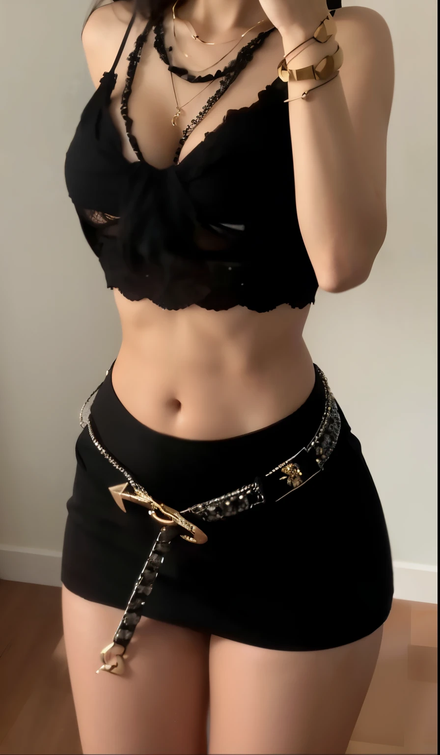 there is a woman taking a selfie in a black bra top, 1 8 yo, 👅 👅, beautiful midriff, tinyest midriff ever, sexy style, 2 0 yo, 20yo, seductive. highly detailed, tiny waist, 2 5 yo, sexy :8, 2 b, 2b, very sexy outfit
