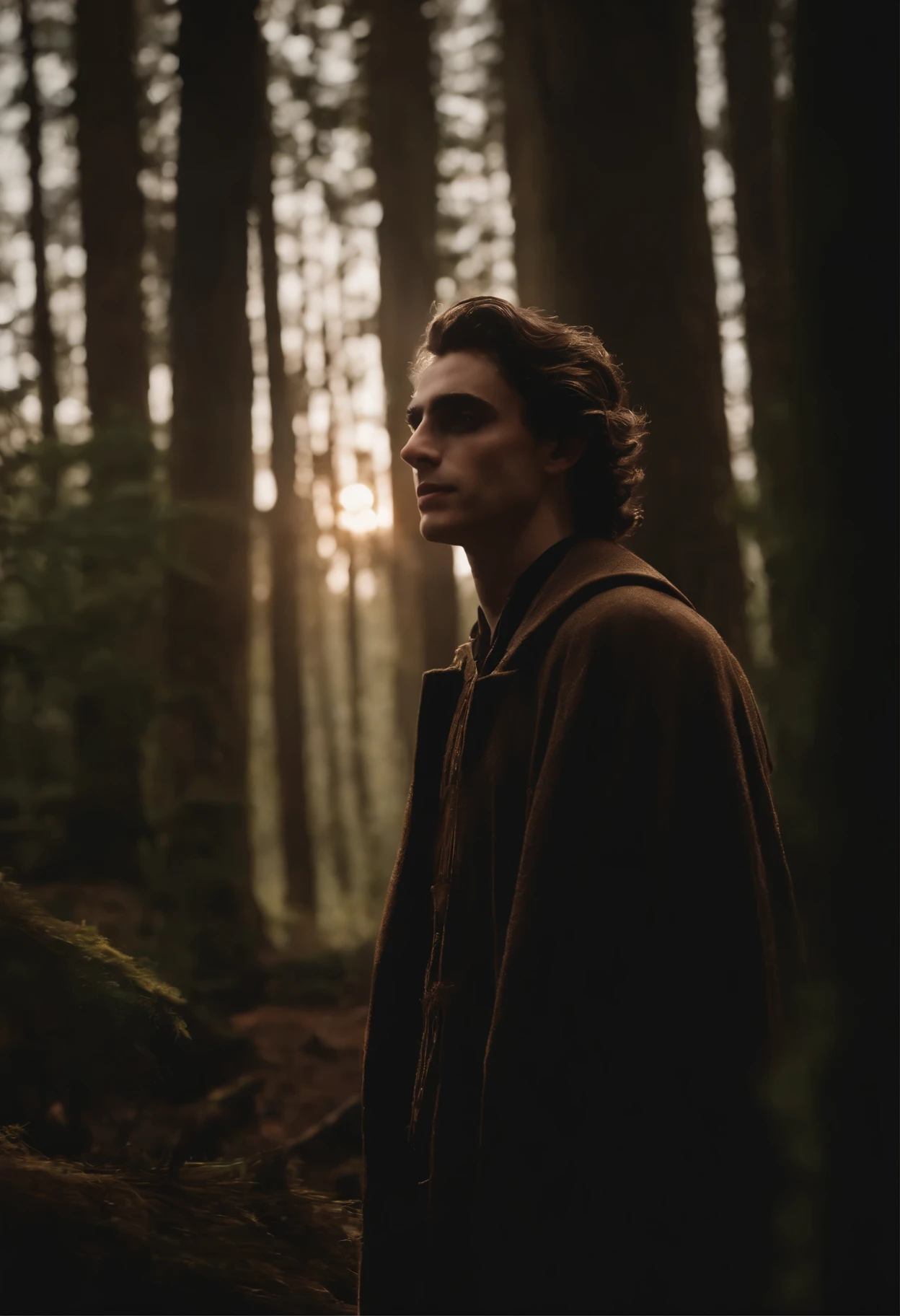 An image of a person, стоящего In the woods с деревьями, Elf vampire, Art, sun behind him, looking majestic In the woods, sun beaming down on him, Twilight, profile shot, In the woods, стоял In the woods, anime curvy john 8k forest, I&#39;m standing in a dark forest, In a beautiful forest, still a quality film, Timothée Chalamet