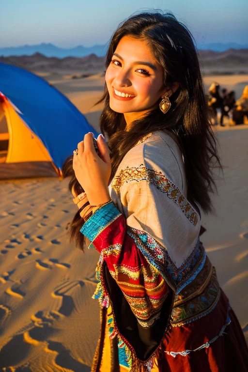 (best quality, masterpiece),(1 Asian girl, Persian national costume,expression face, Coffee-colored eyes, looking into camera, black hair, Smile, Boho Style, hand reaching out towards viewer), (at the desert, There is a bonfire in front of you,Nomads’ tents behind them, camel, night sky)