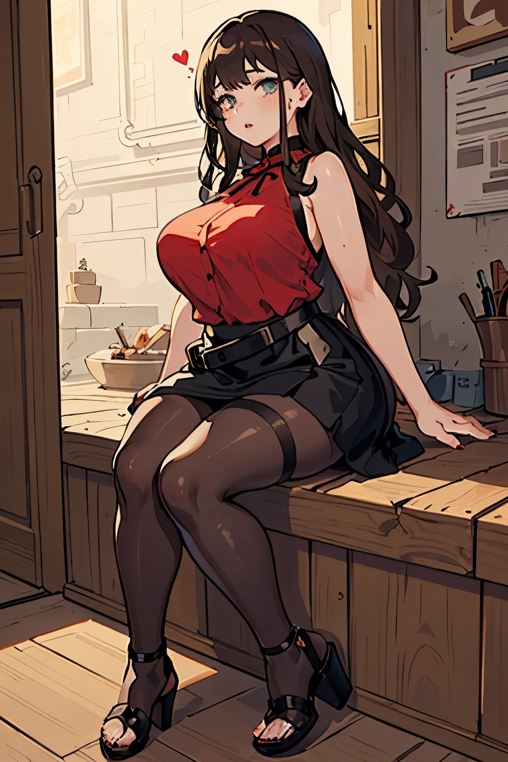 (((masterpiece))), (((best quality))), (((high quality))), (((1girl))), (((chubby))), (((plus size body))), (light brown hair), (((slightly wavy hair at shoulder length))), lavender eyes, black cat eyeliner, salmon eye shadow, full lips, peach lips, many moles all over the body and face, freckles, pale skin, long legs, very huge breasts, big hips, small waist, big ass, thick thighs, (((red sleeveless blouse))), ((black elegant skirt)), ((black belt)), ((black semi-transparent long stockings)), ((black heeled sandals)), red toenails, red fingernails,