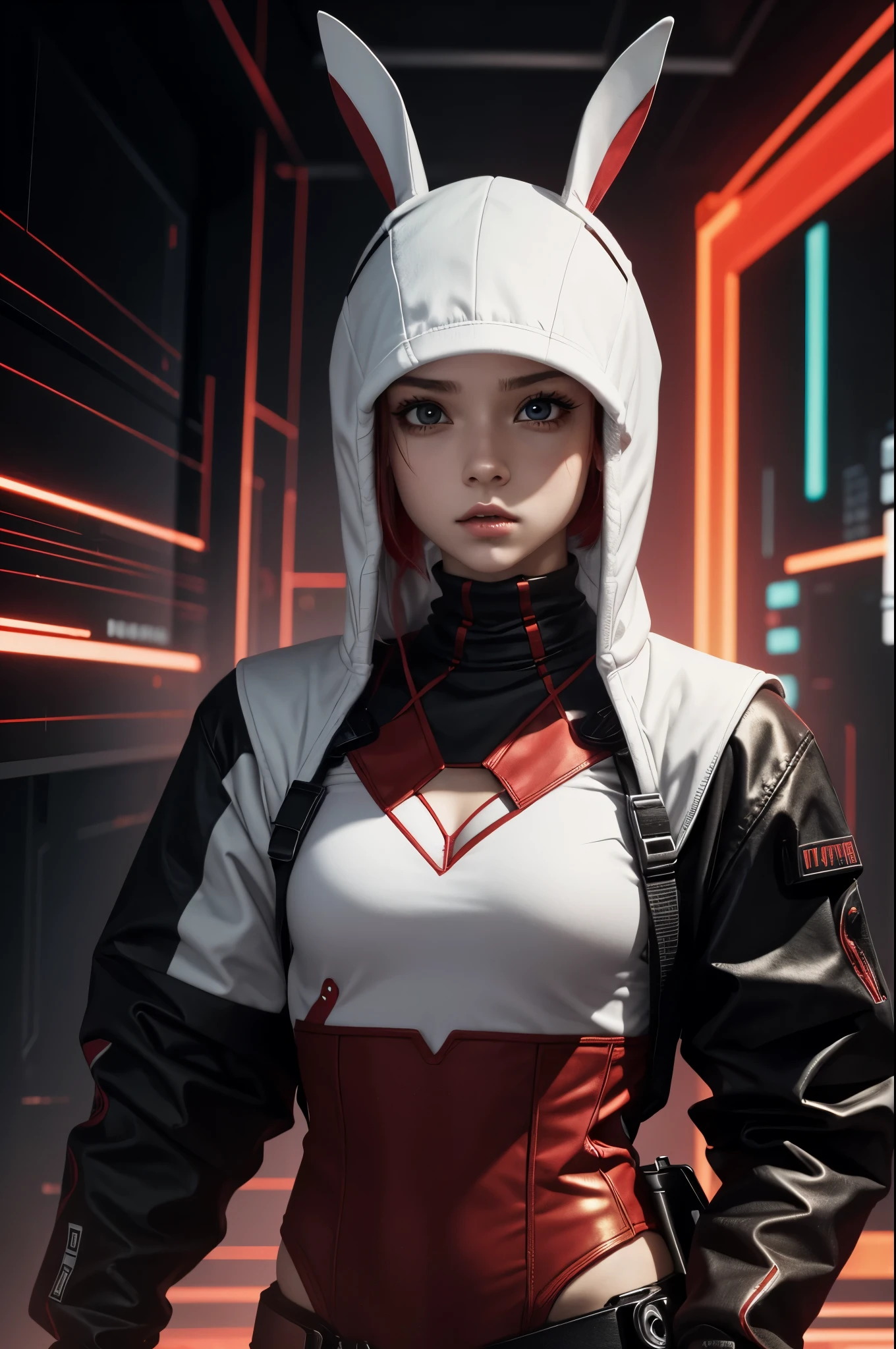 petite tiny girl, with powerfull white bunny, hackers delight, hackers wallpaper, 4k, cyberpunk, deep, golden ratio, black and red colors. blood,
