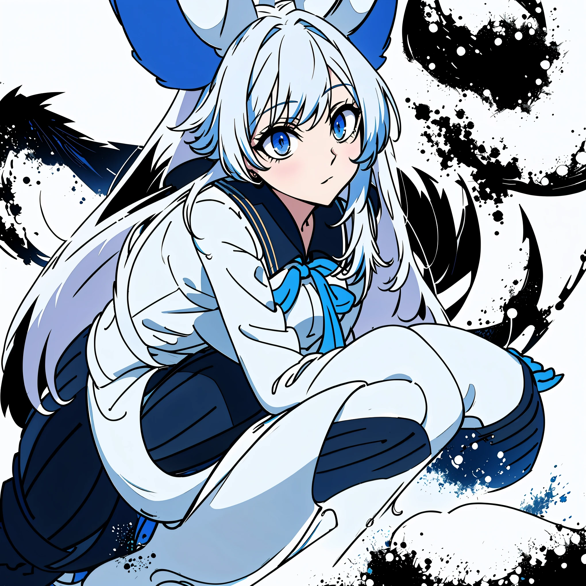 8k, resolution, high quality, high resolution, best quality, extremally detailed, best resolution, absurd resolution, ray tracing, high detailed, masterpiece, extremely detailed,shoulder length white hair, female,2 white wolf ears, teenage girl, slim body, white scale dragon tail,black boots,black leggings, navel blue school skirt, sailor shirt, white jacket, medium size chest, detailed blue eyes, detailed beautiful face,solo female,1 dragon tail, detailed eyes, tomboyish