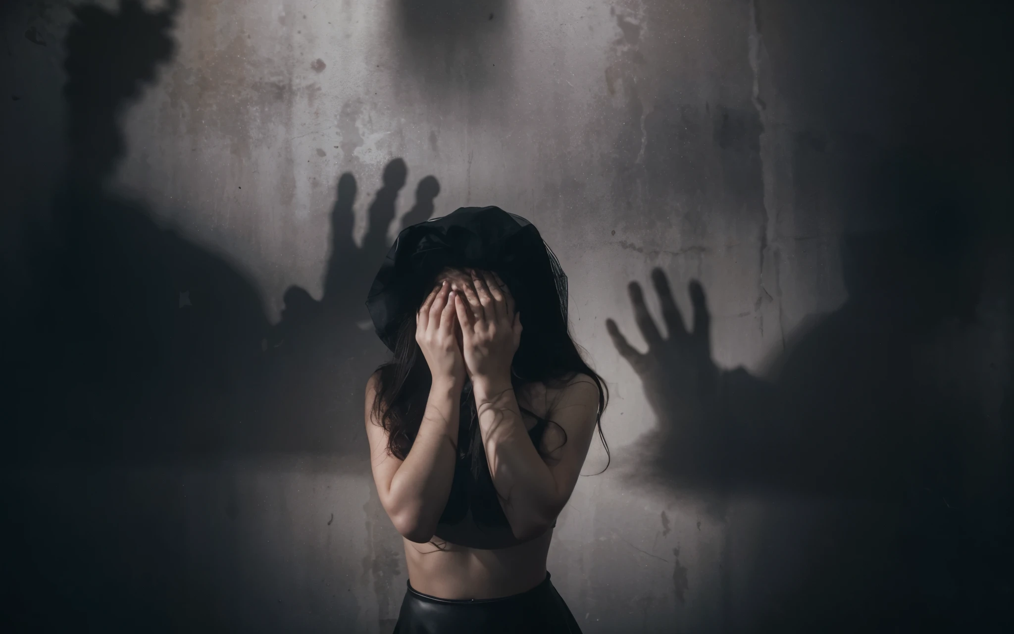 Arafedka covered her face with her hands in front of the wall, The Mysterious Woman, the girl is scared, There's a scary atmosphere behind it, Frighten, stunned, hands тянутся к ней, hands, Protecting the face, female image in the shadow, fear anxiety horror, Woman crying, The Shadows Are Screaming, hood and shadows, covering the face, Creepy Man, The Wicked Woman, Scary Shadow People, High quality leather texture, very high detail