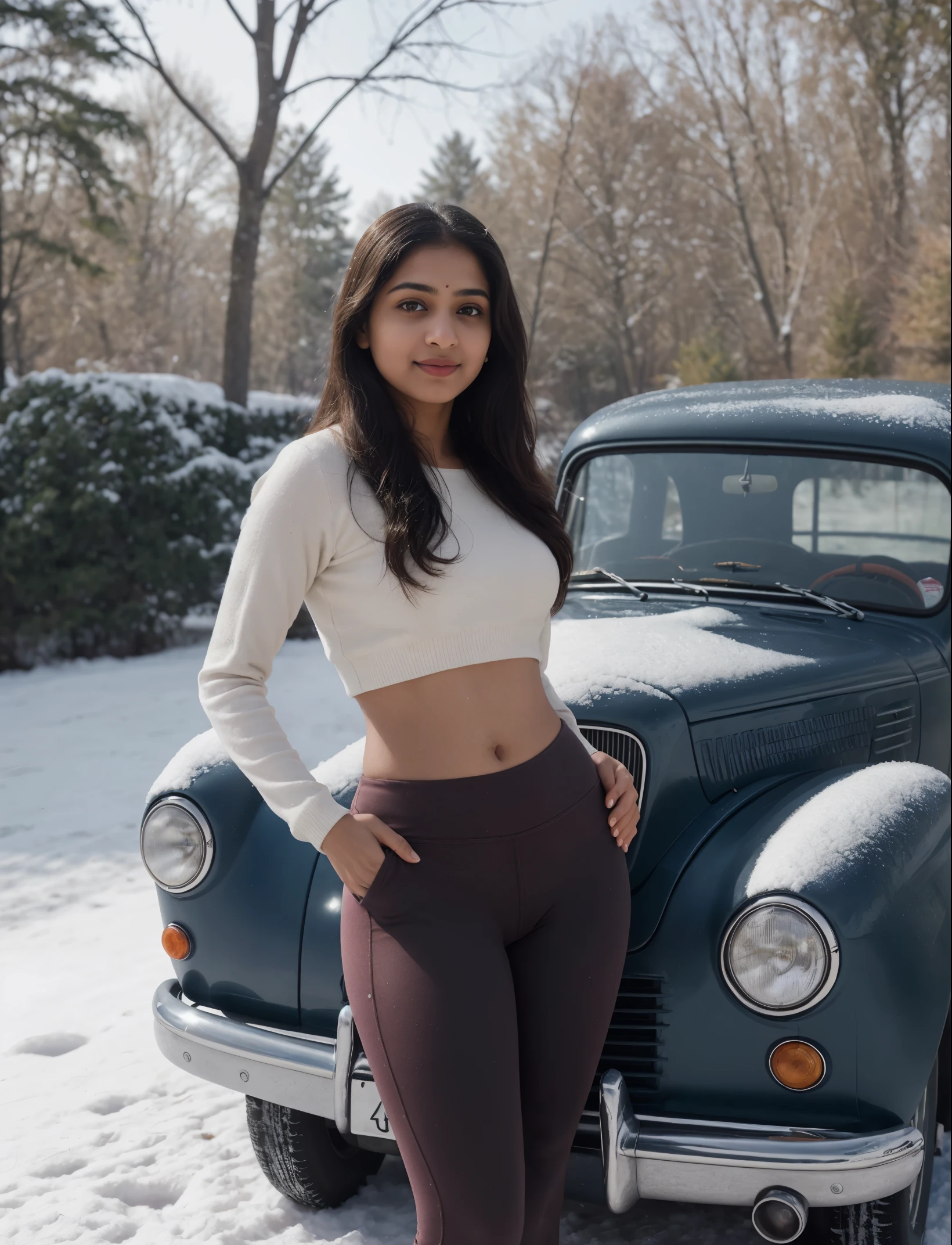 pantylines, "Subject: A captivating portrait of Arti Kapoor, a 24-year-old woman standing on the cusp of adulthood. The image, titled 'Journey Through Seasons,' is a masterful blend of high school portrait photography and atmospheric storytelling, rendered in stunning detail through raytraced lighting that adds depth and realism to the scene. In the midst of a tranquil snowfall, Arti stands confidently beside a vintage car, its presence a symbolic nod to the journeys she has taken throughout her high school years. Her gaze, captured in striking detail with a professional-grade DSLR camera, reflects a potent mix of nostalgia and anticipation for the future. Defying convention in her outfit, Arti is clad in opaque, solid powerchill flare yoga pants in a bright navy hue. The pants, with their natural creases and contours visible, tell stories of movement and growth, mirroring the milestones and experiences of high school life. They are both comfortable and stylish, embodying Arti's readiness to embrace the challenges that lie ahead. The powerchill flare yoga pants harmonize beautifully with the wintry landscape, their color echoing the tones of the vintage car's exterior and the snow-blanketed ground. The contrast between the soft fabric of the powerchill yoga pants and the sturdy vintage car underscores Arti's adaptability and resilience. The photograph was taken using an aperture of f/4-f/5.6 to allow more light, and a fast shutter speed of around 1/125th to 1/250th sec to freeze the falling snowflakes in motion. Continuous or tracking focus captured Arti's movements, while a weather-sealed prime lens ensured sharpness and detail. The 64k resolution secures every detail, from the individual snowflakes to the nuances of Arti's expression. The visible pantylines add a touch of realism to the portrait, further emphasizing the authenticity of the moment. With raytraced lighting, the image achieves a level of depth and dimension that makes it feel immersive and lifel