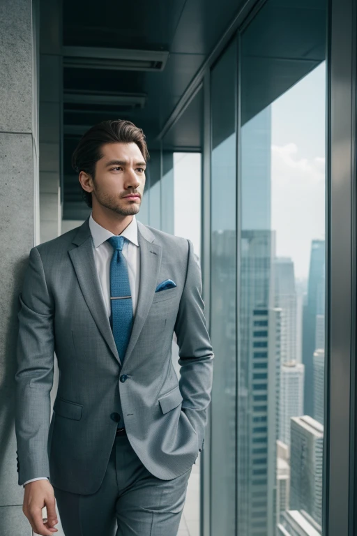 man, advocate,Wearing a gray suit and light blue tie, muted tones, human development report, high quality.High-rise buildings,Look ahead