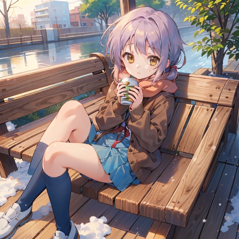 ((1 girl)),(table top),(highest quality), Yuki, twin tails,  scarf, knee high, blank eye, expressionless face, garden,canned coffee waiting, bench, snow, Yuki, wood, nature,Denim miniskirt,white panties,