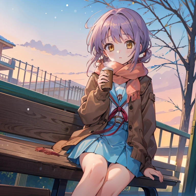 ((1 girl)),(table top),(highest quality), Yuki, twin tails, scarf, knee high, blank eye, expressionless face, garden,canned coffee waiting, bench, snow, Yuki, wood, nature,Denim miniskirt,white panties,
